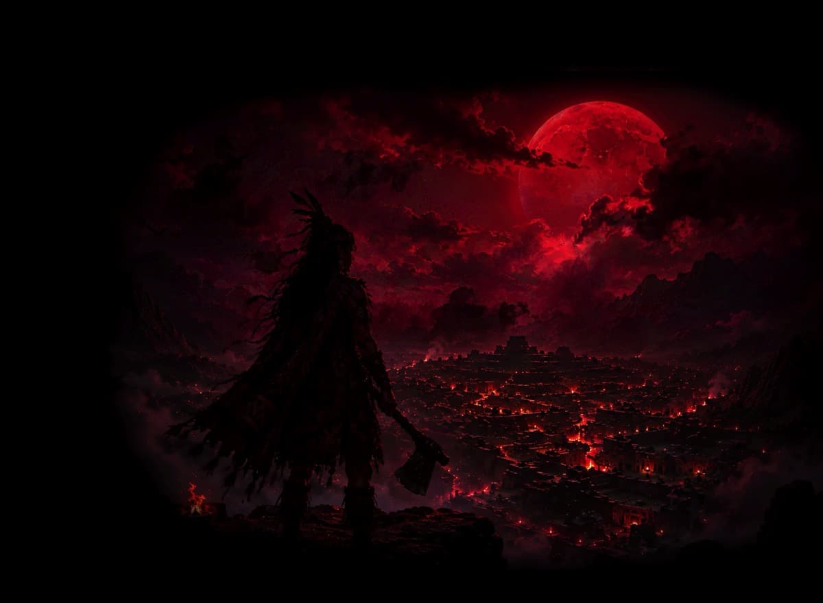 Warmi frente a una ciudad andina en llamas bajo una luna de sangre, arte de Quipu Runner: Bloodmoon