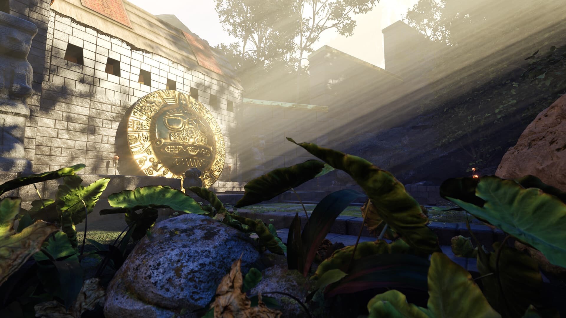 Un disco solar andino dorado en el muro de un templo en la selva, en Quipu Runner: Warmi's Legacy, hecho en Unreal Engine 5